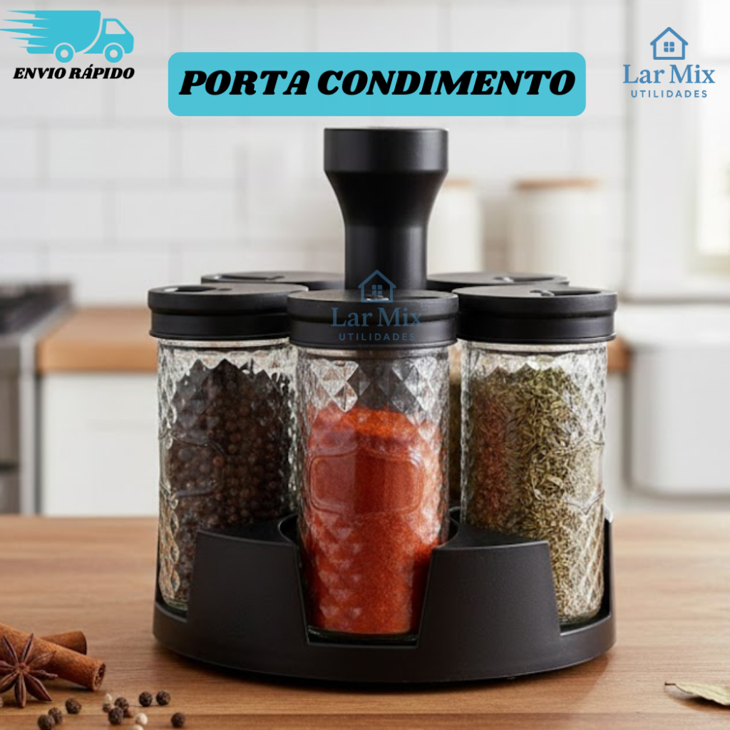OFERTA Organizador de Tempero e Condimentos 6 Potes Vidro Base Giratória 360° Tampa Dosadora Cozinha