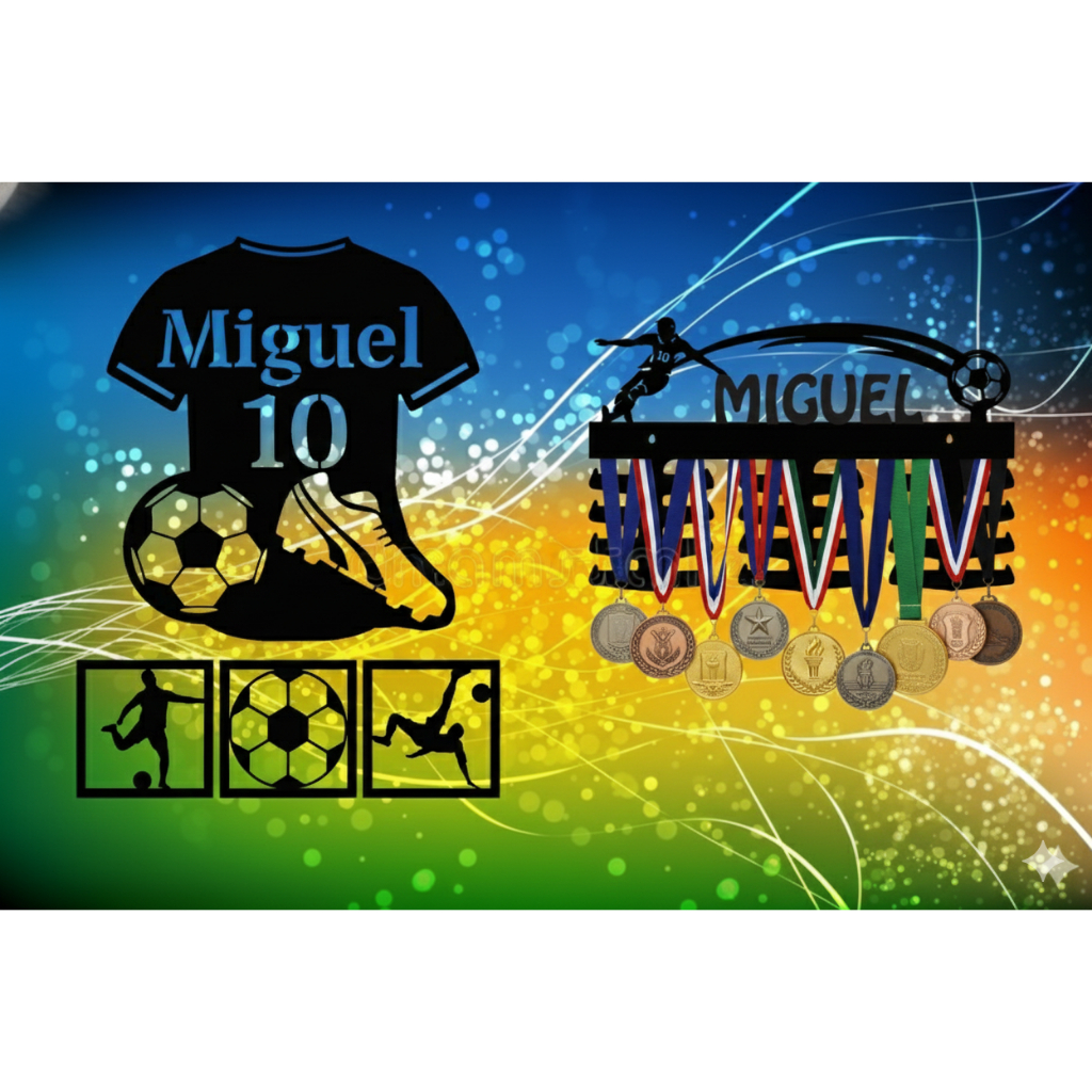 Kit Exclusivo: Porta Medalhas Personalizado + Quadros Camisa de Futebol com Nome em MDF 3mm Decorativo Dia das Crianças