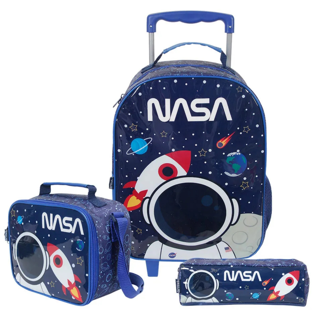 Kit Mochila Rodinha Escolar Lancheira Estojo Nasa Dermiwil