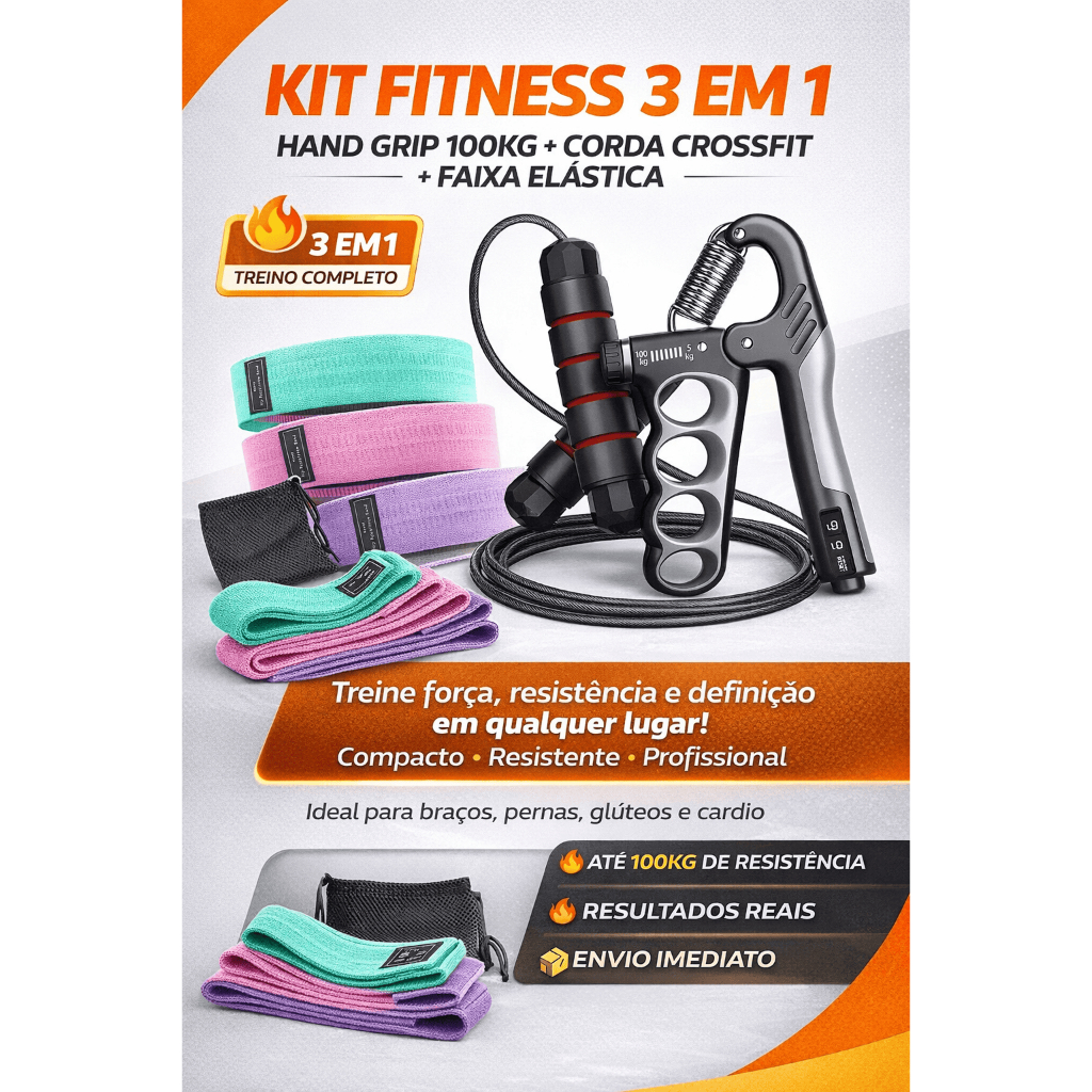Kit Fitness 3 em 1 – Hand Grip 100kg + Corda Crossfit + Faixa Elástica | Treino em Casa