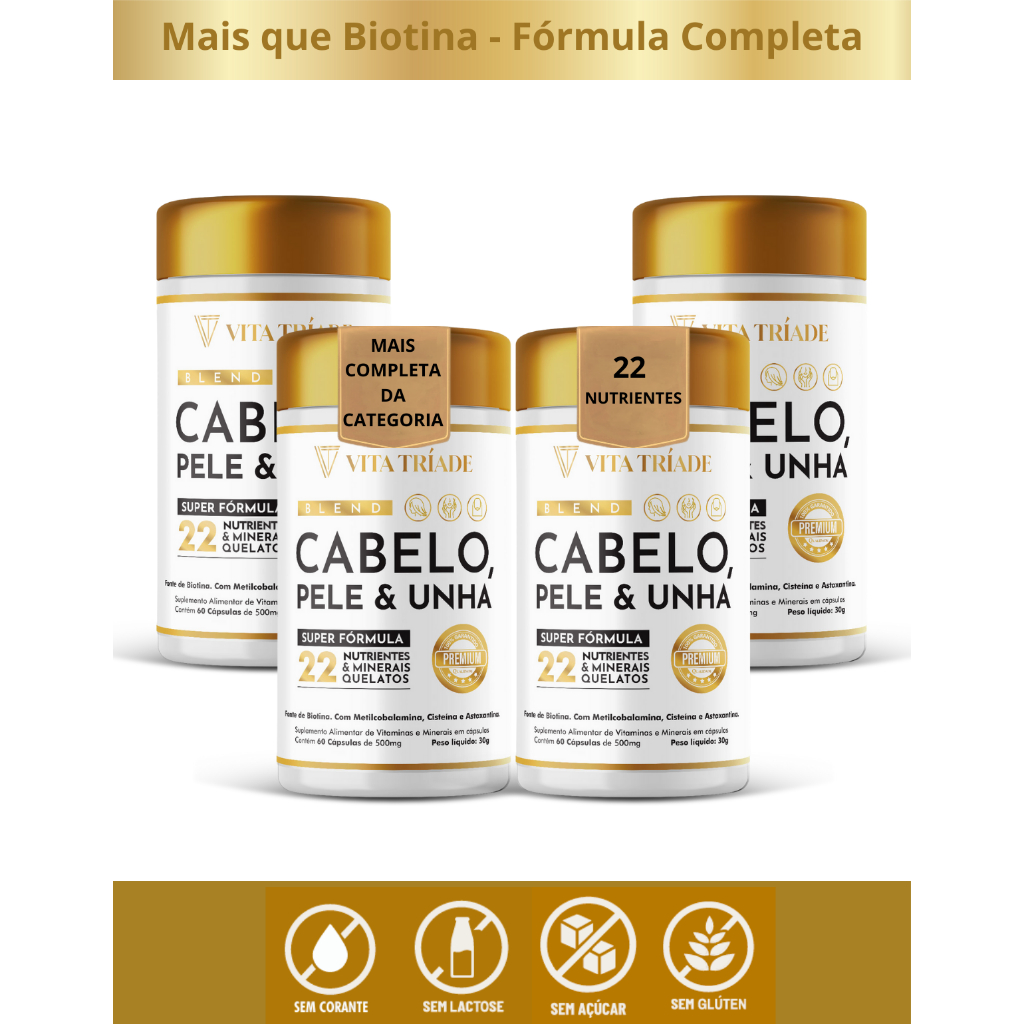 Vitamina Cabelo e Unha - 22 Nutrientes Super Fórmula Biotina Cisteína Astaxantina 60-240 Cápsulas