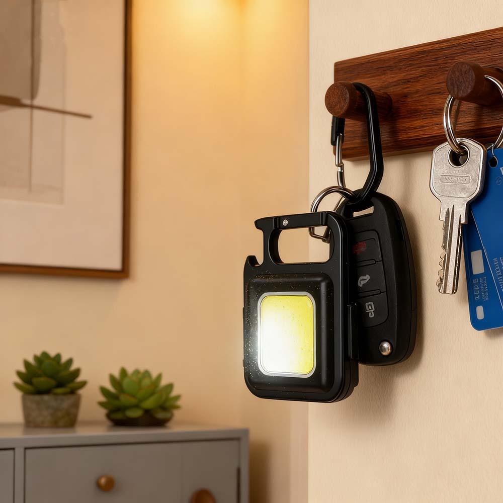 Lanterna de Chaveiro Portátil de Emergência:3 Modos de Luz, Abridor de Garrafas + Função Emergência