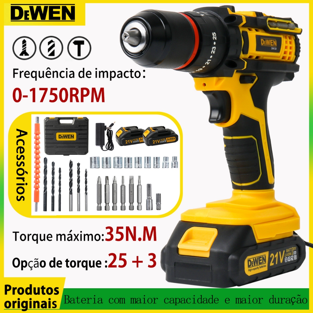 Parafusadeira Furadeira 21V 2 Baterias 1/2" velocidade variável, 25+3Com Maleta e Acessórios Completo (28PCS)
