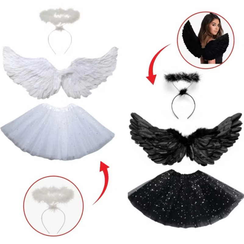 FANTASIA ANJO INFANTIL BRANCO / ASAS / SAIA DE TULE / ARCO DE ANJO