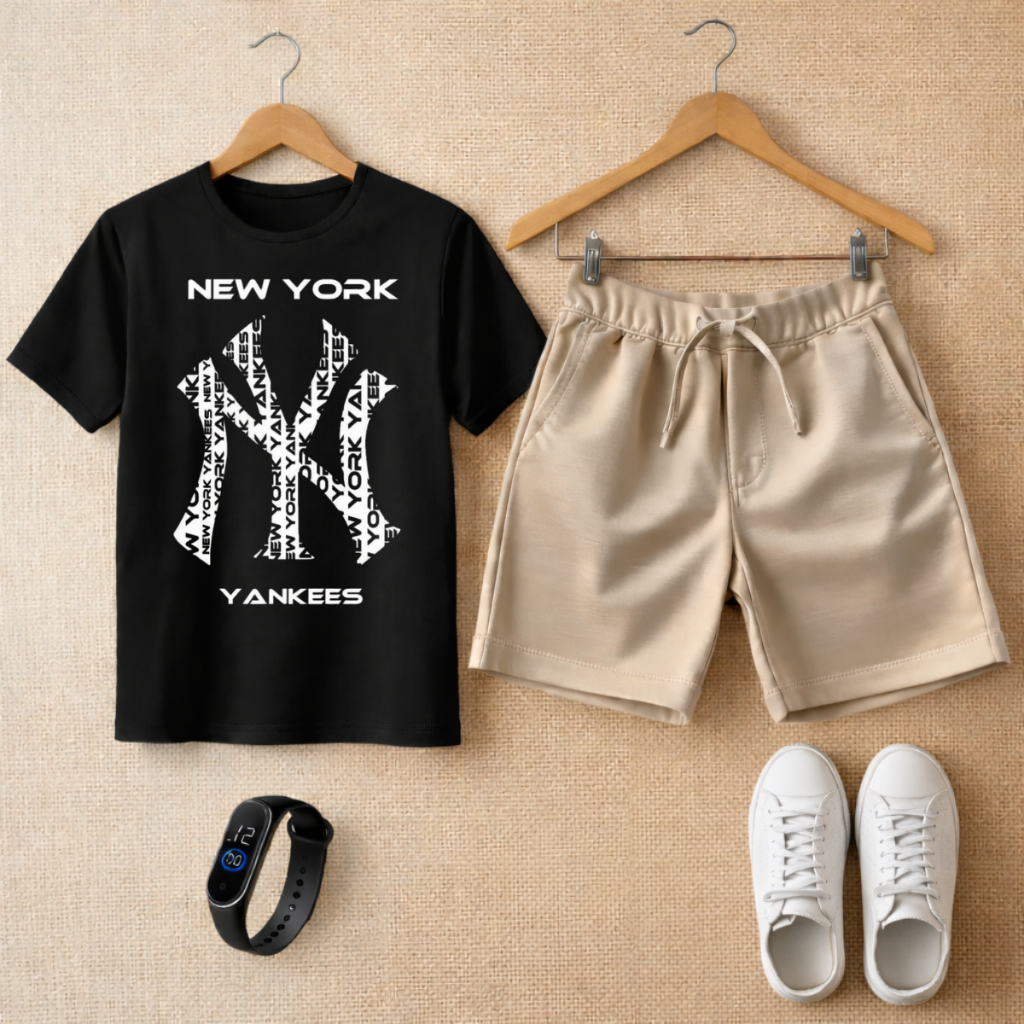 Kit Infantil Escolar Menino Camiseta NY Premium e Bermuda Moletinho Super Leve com Relógio
