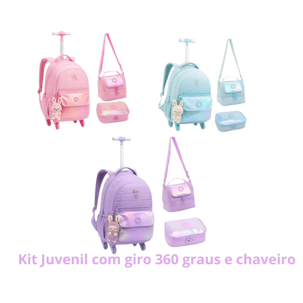 KIT DE MOCHILA RODINHA GIRO 360 GRAUS COM LANCHEIRA ESTOJO HOLOGRAFICA JUNENIL E INFANTIL DENLEX