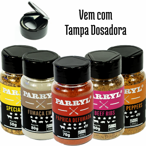 Kit 5 Temperos Gourmet Parryl - Páprica Defumada,Fumaça em Pó,Special Blend,Orange Pepper, Beef Ribs