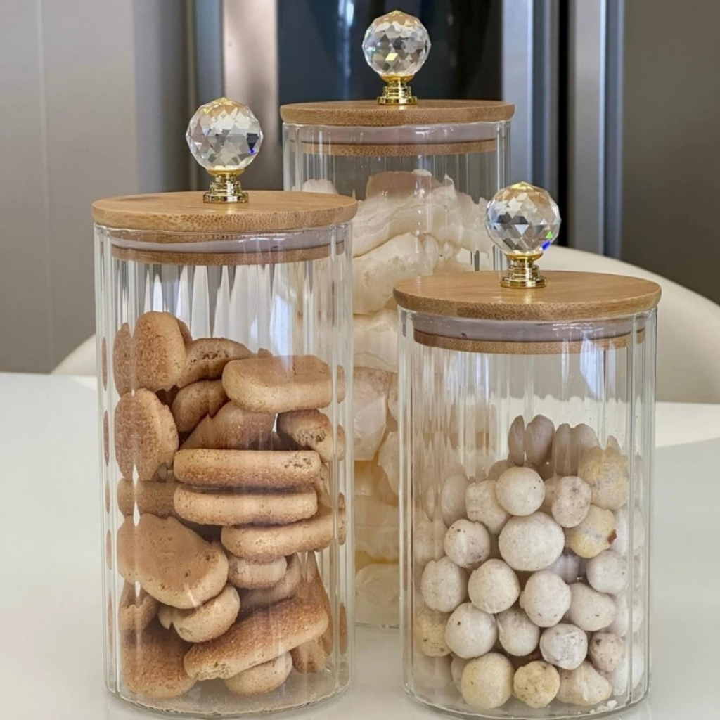 Kit de Potes Herméticos Vidro Canelado Transparente Cristal Luxo Tampa Bambu Cristal Luxo Porta Mantimentos em Oferta na Shopee