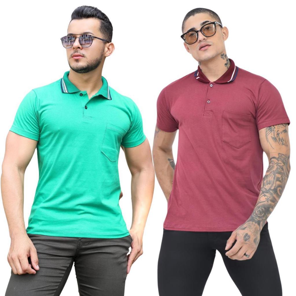 Kit 2 Camiseta Polo Fio 30 Com Bolso Algodao Manga Curta