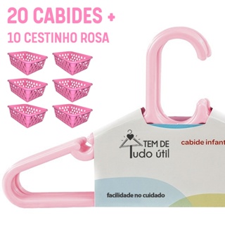 Kit 10 Cestos Rosa Pequeno + 20 Cabides Infantis Antiderrapantes em Oferta na Shopee