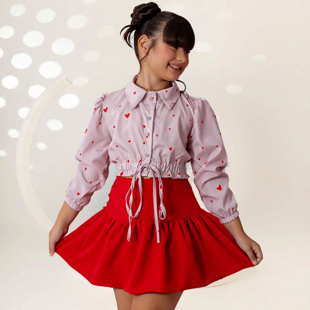 Conjunto Infantil Saia Balone Rodada Blusa Manga Longa Menina Combinadinho  Festa Blogueirinha