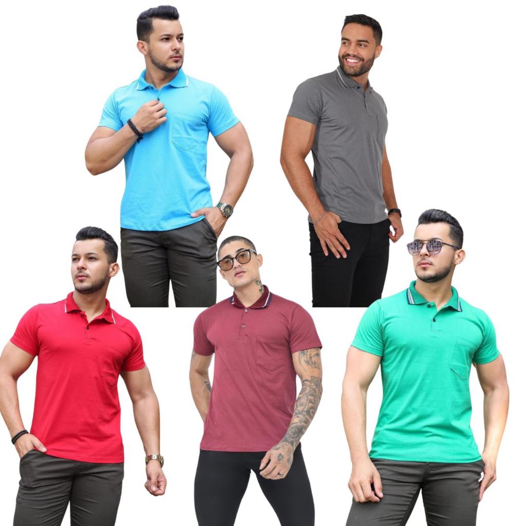 Kit 5 Camisetas Gola Polo Com Bolso Algodão Malha Fio 30 Manga Curta Estilo Casual Moda Masculino