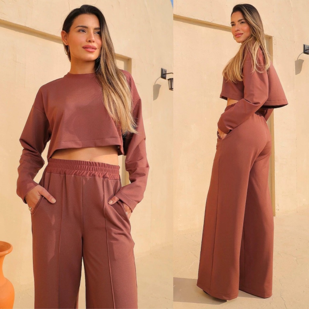 Conjunto Feminino solto Malha Top e Calça Pantalona Conjunto Alfaiataria - 74
