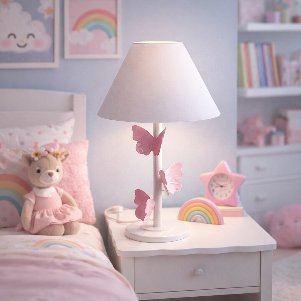 Abajur Luminária De Mesa Trio Borboleta Decorativo Quarto Menina Rosa em Ferro