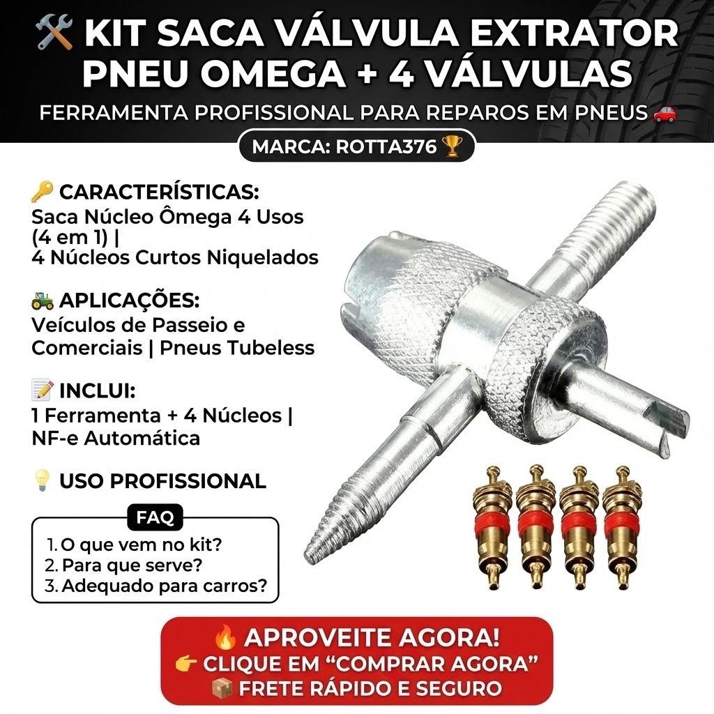 Kit Saca Válvula Pneu 4 Em 1 Extrator Núcleo Tipo Ômega + 4 Núcleos Niquelados Pneu Tubeless