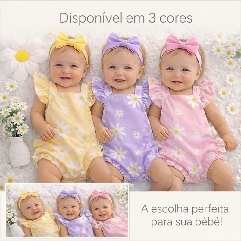 Jardineira Bebê Floral Margaridas – Romper Delicado em Tons Pastel