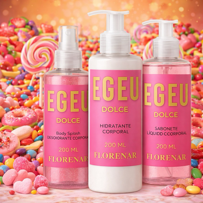 1 Kit Feminino Body Splash Egeo Dolce com gliter 200Ml + 1 Hidratante 200ML + 1 Sabonete 200ML