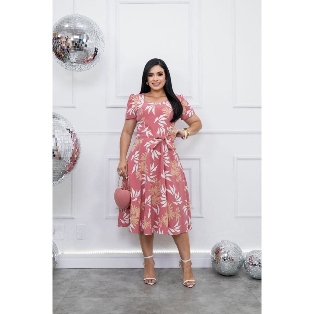 Vestido Midi Estampado Decote Coração Princesa Elegante e Modesto em Oferta na Shopee