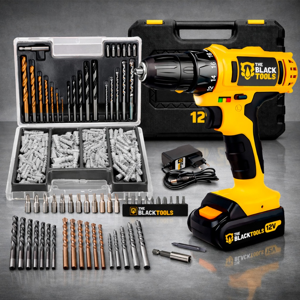 Parafusadeira Furadeira A Bateria 3/8 10mm 1350rpm Bivolt + Jogo De Brocas Bits E Buchas 300 Peças The Black Tools