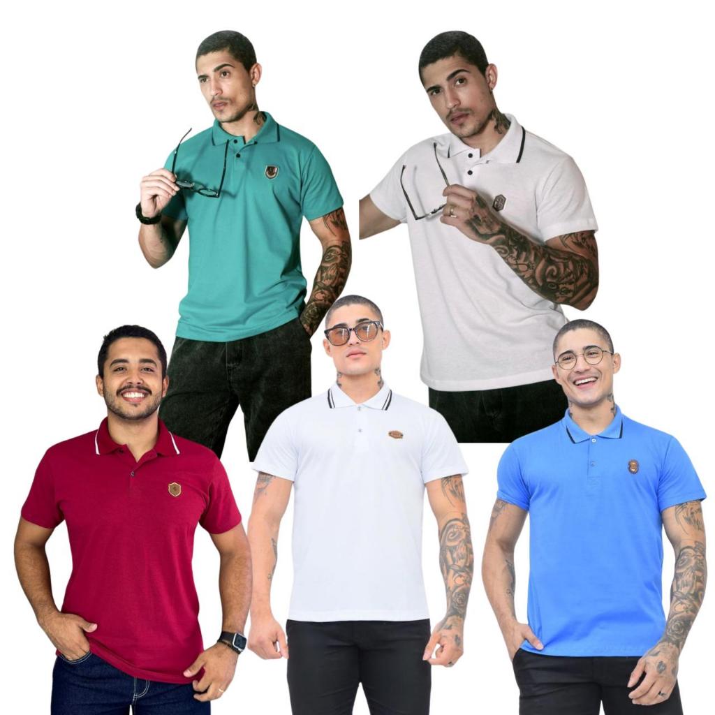 Kit 5 Camiseta Polo Fio 30 Bordada Algodao Manga Curta