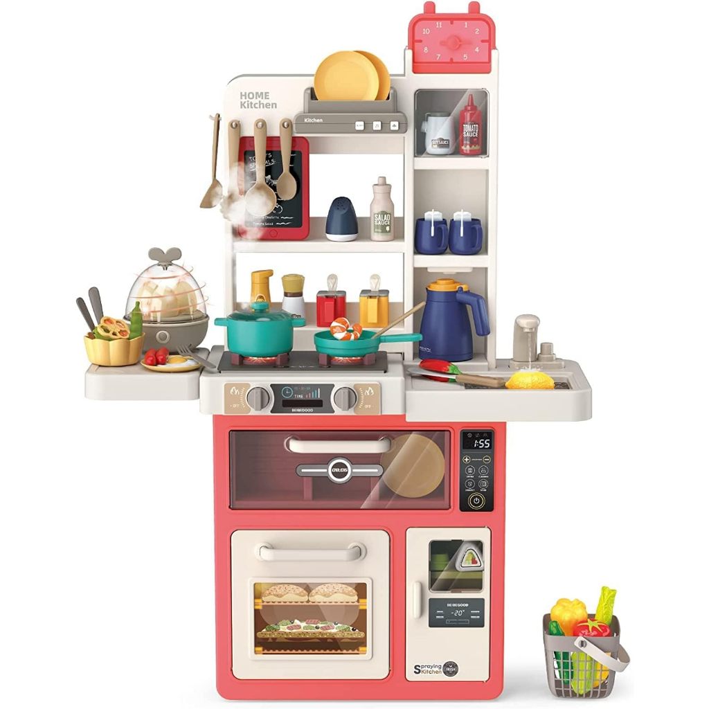 Cozinha de Brinquedo Infantil Completa com Som Vapor Água 85cm Cor Rosa Spray Kitchen 63 Peças