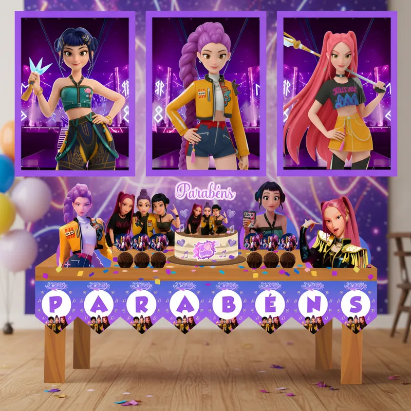 Kit Festa Guerreiras Kpop Decoração Topo de bolo + 24 Adesivos Grátis Guerreiras K Pop Envio Rápido