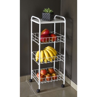 Fruteira Organizadora c/ Cesto Removível 3 Andares Rodinhas e Tampo de Madeira em Oferta na Shopee