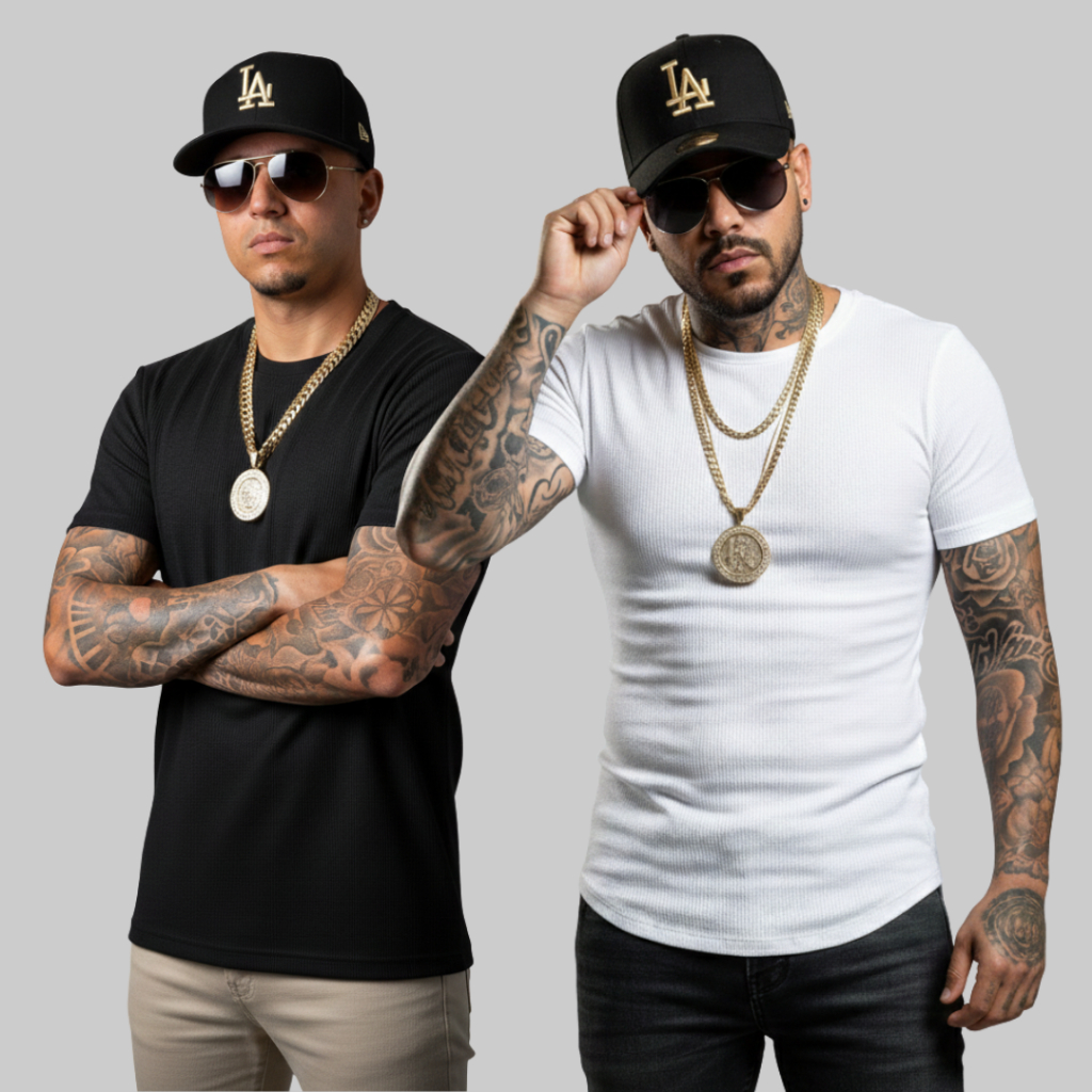 Camiseta Slim Masculina Canelada Americana Algodão Premium Justa ao Corpo Estilo Rapper Drip