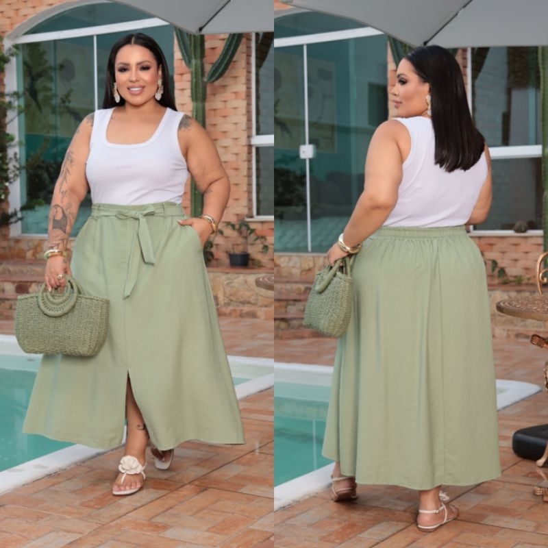 Saia Midi Evangelica Plussize com Fenda Frontal e Faixa na Cintura Alta e Bolso