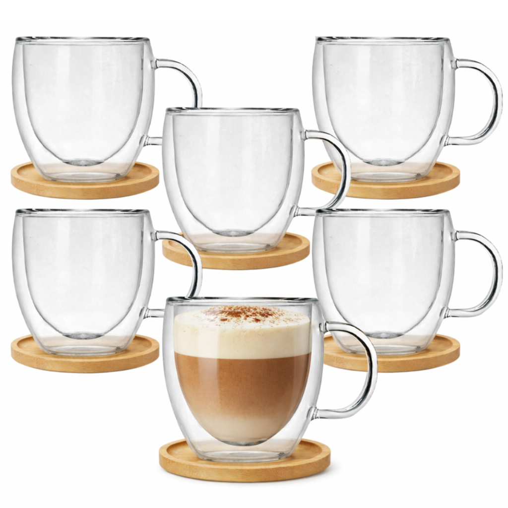 Kit Xicara Vidro Duplo Caneca Parede Dupla 6un 250ml C Pires em Oferta na Shopee