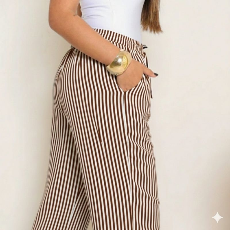 Calça Pantalona Feminina Duna Listrada Cintura Alta Soltinha e leve - M G GG