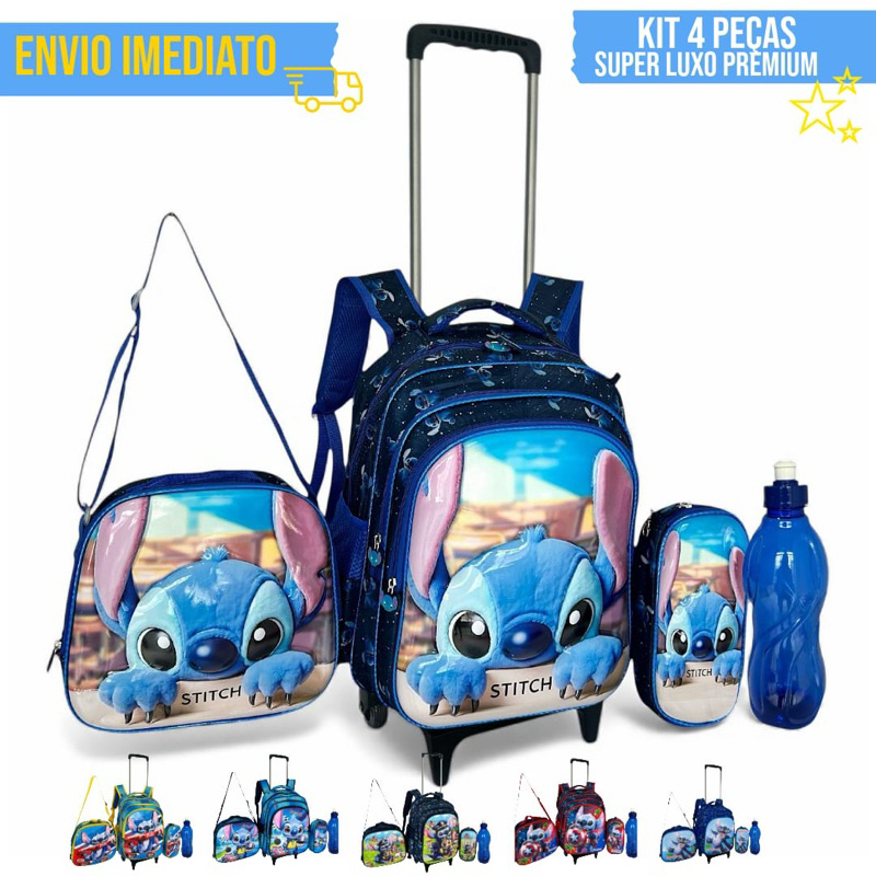 Kit Mochila Infantil Menino Rodinha Stitch 3D Reforçada Resistente Lancheira Estojo e Garrafa