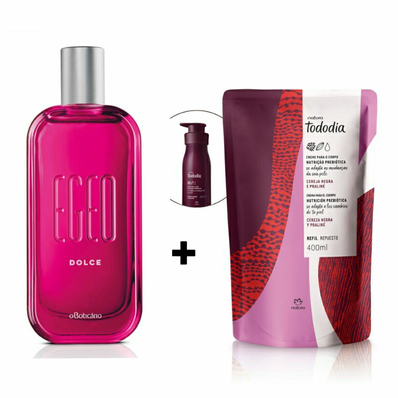 Kit Perfume Egeo Dolce 90ml Oboticário + Refil Creme Hidratante Corporal Tododia Cereja Negra e Pralinê 400ml Natura
