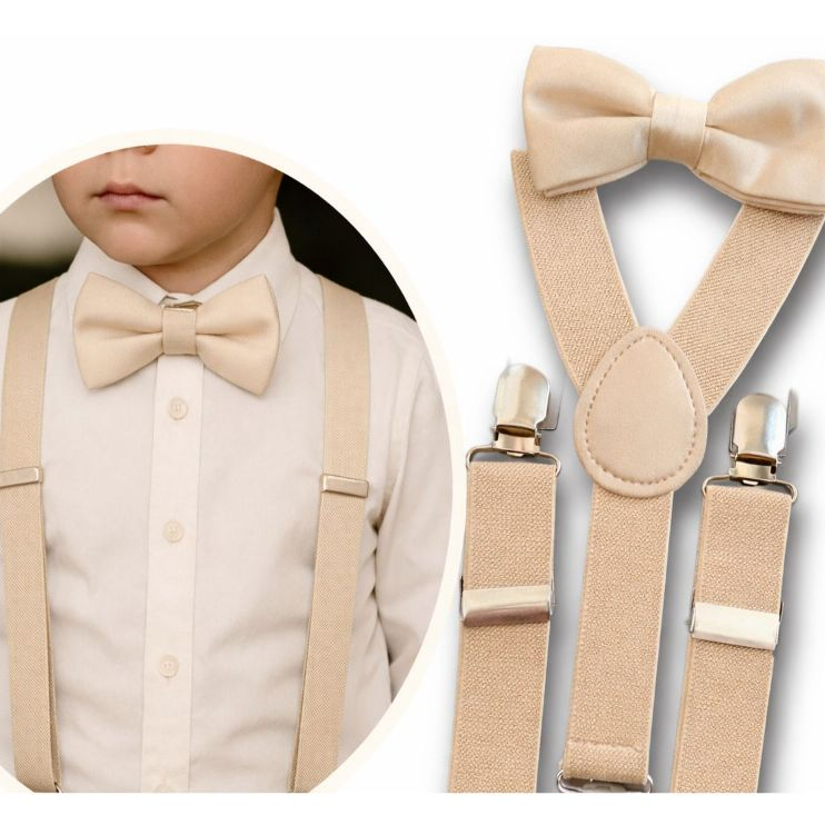 Conjunto Infantil Gravata Borboleta + Suspensorio Infantil Bege Pajem Casamentos Eventos