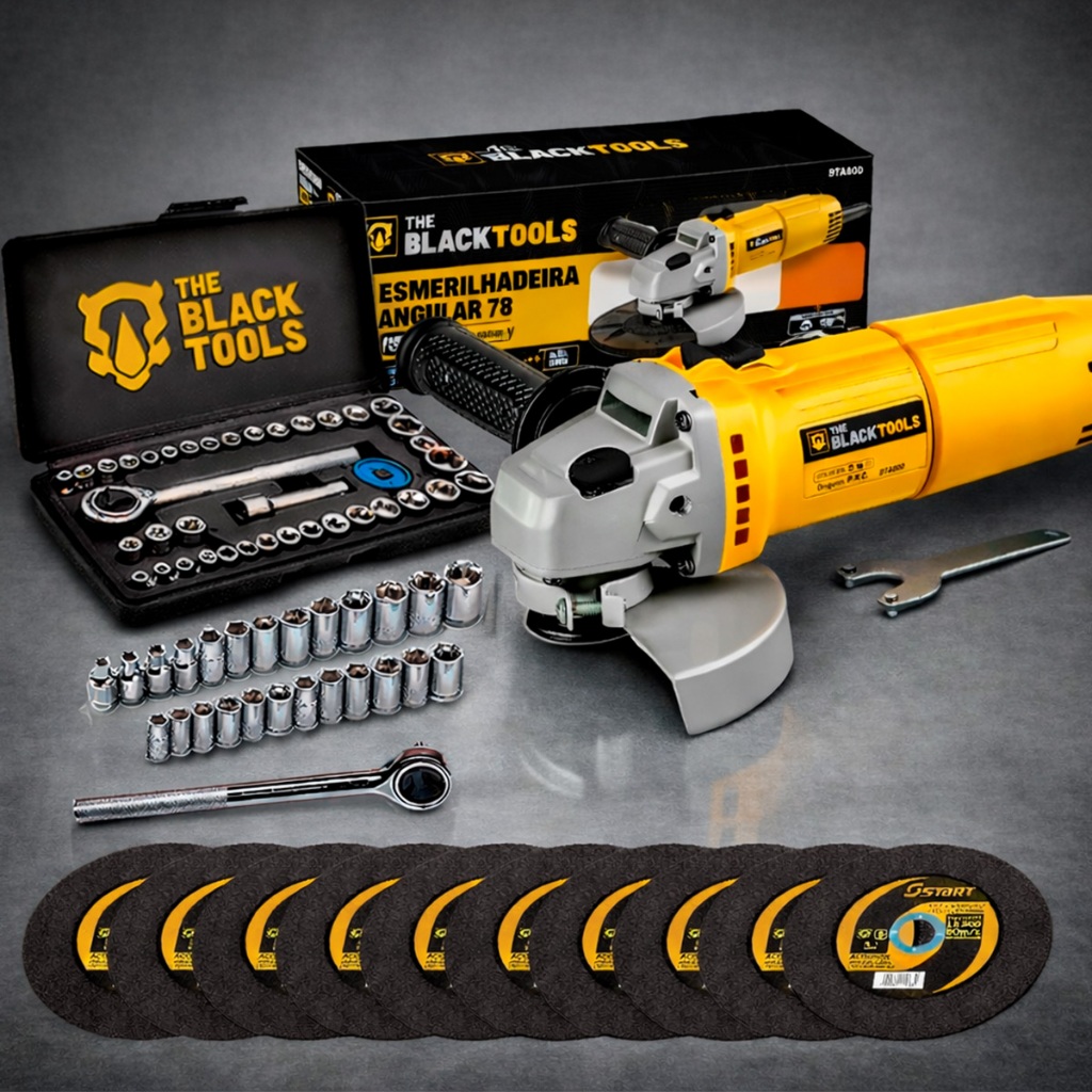 Esmerilhadeira Lixadeira Angular 780w 4.1/2 1 1000rpm C/ Jogo 40 Pçs Soquetes E Catraca The Black Tools + Acessórios em Oferta na Shopee