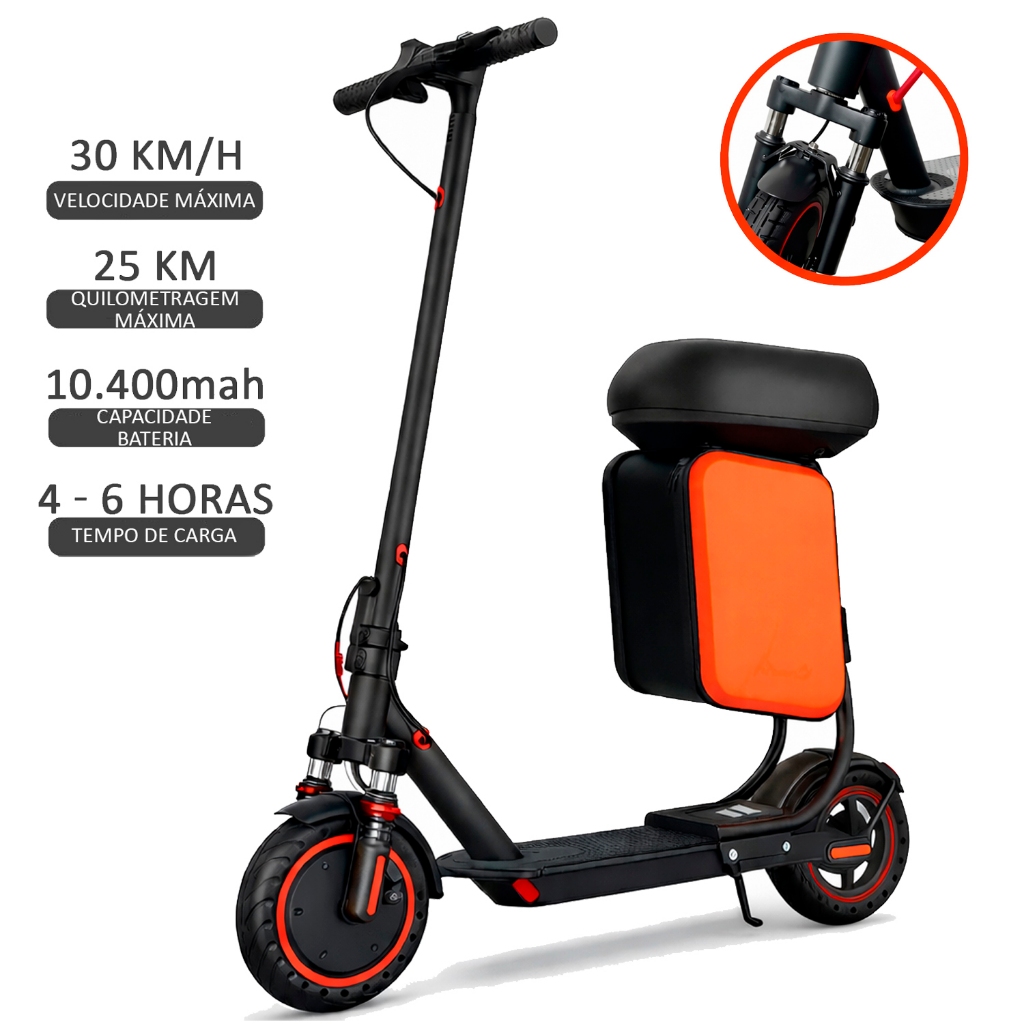 Patinete Elétrico 350W Scooter Com Amortecedor Banco + Bag Off Road 8' Polegadas Autonomia de 30Km
