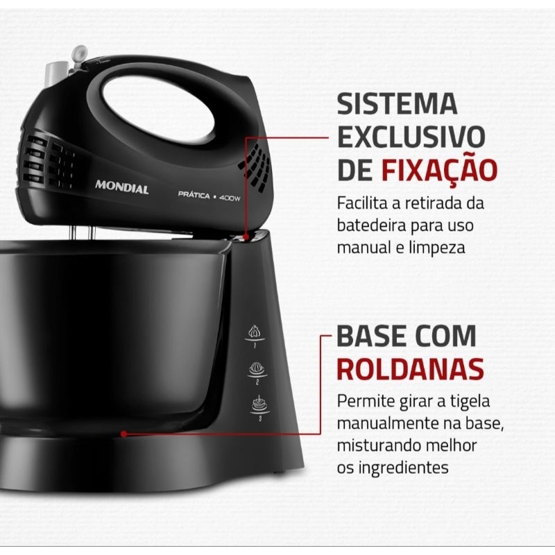 Batedeira Mondial Prática Black B-44 com 3 Velocidades - Preta