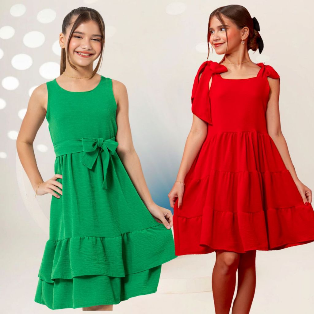 Vestido Festa Feminino com Laço Menina Elegante Juvenil Babado Soltinho Formatura Rodado Babado