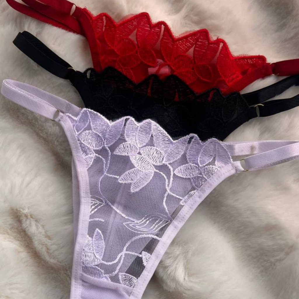 KIT 3 Calcinhas Tanga Tule Bordado Fio Duplo com Regulagem Luxo Lingerie Feminina em Oferta na Shopee