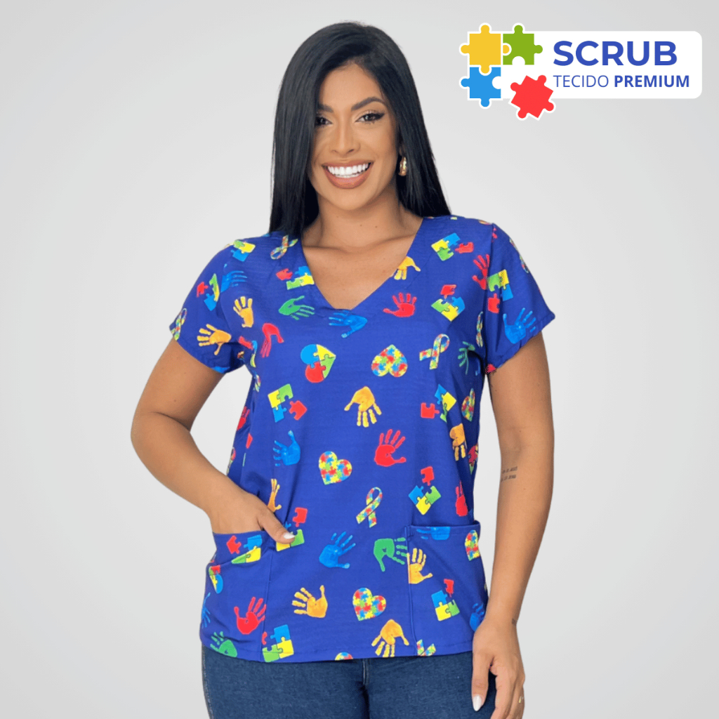 Scrub Feminina Estampada Coração Quebra-Cabeça Autismo Enfermagem Estilo Conforto Profissional em Oferta na Shopee