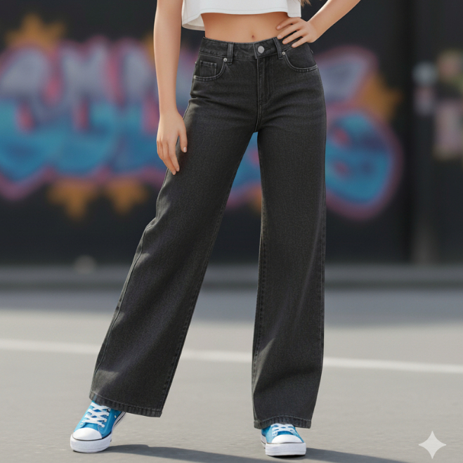 Calça Jeans Wide Leg Grafite Cintura Alta Super Tendência Infantil Juvenil Menina