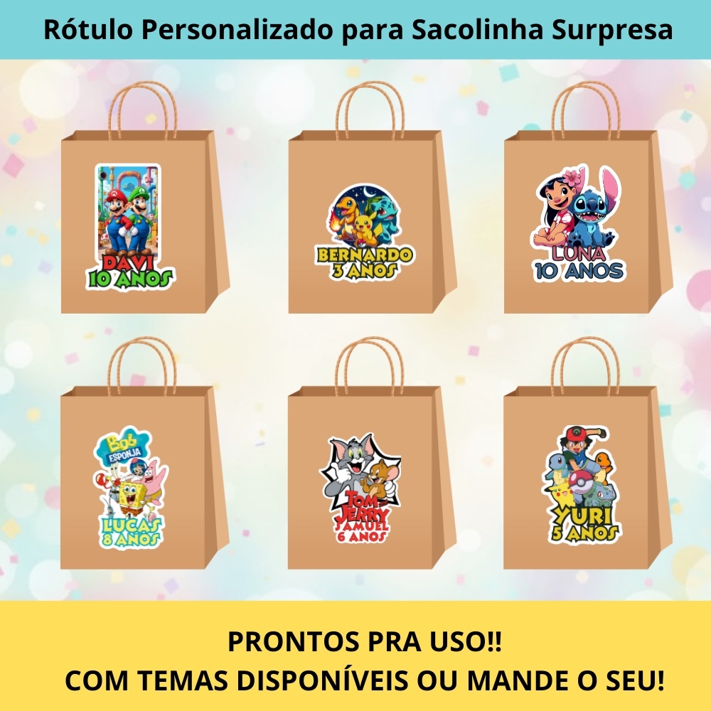 Etiqueta Personalizada Sacolinha Surpresa Sacola kraft Lembrancinha de Aniversário e Festas