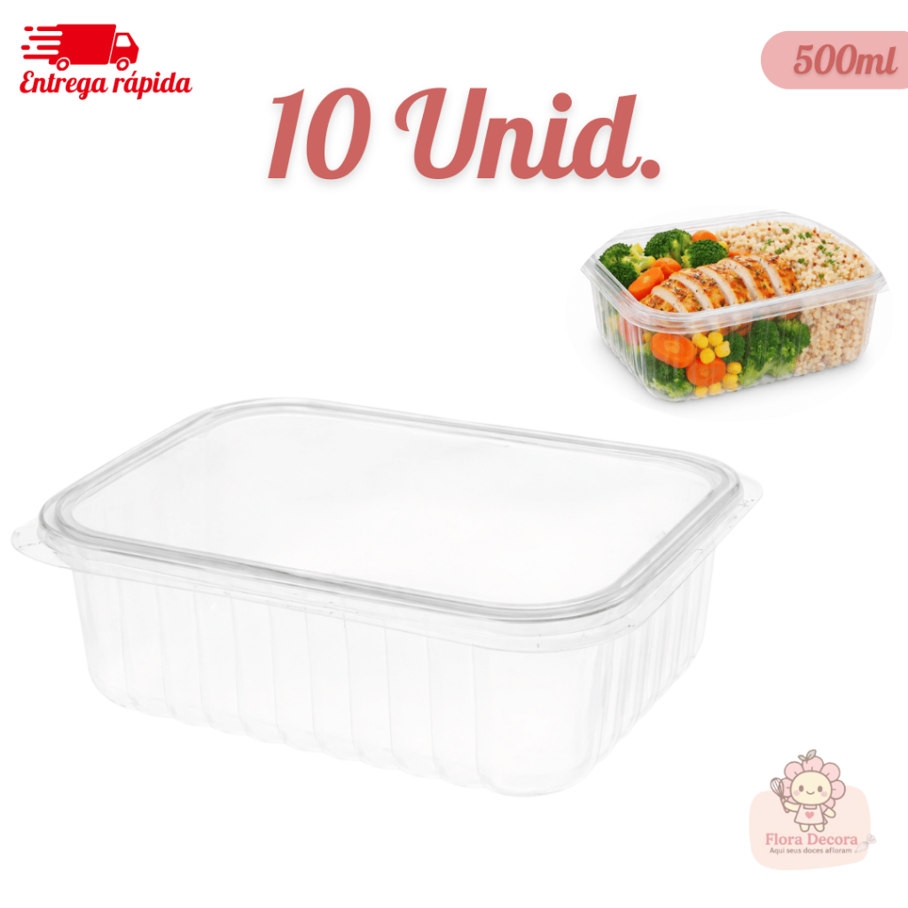 Kit 10 Pote De Embalagem Marmita Retangular Plástico Com Tampa 500ml em Oferta na Shopee