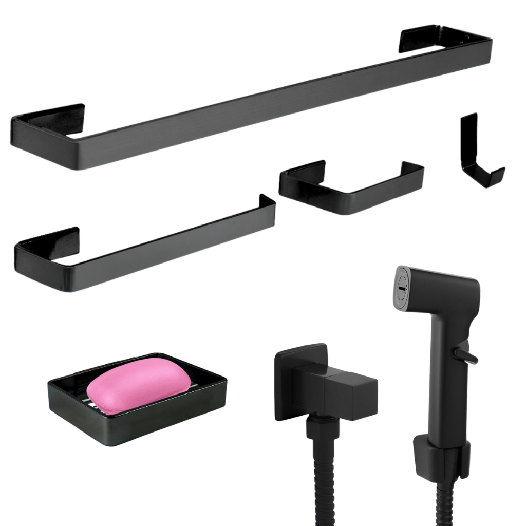 Kit Acessórios Banheiro Preto Fosco + Ducha Higiênica 1/4 de Volta + Saboneteira Porta Sabonete