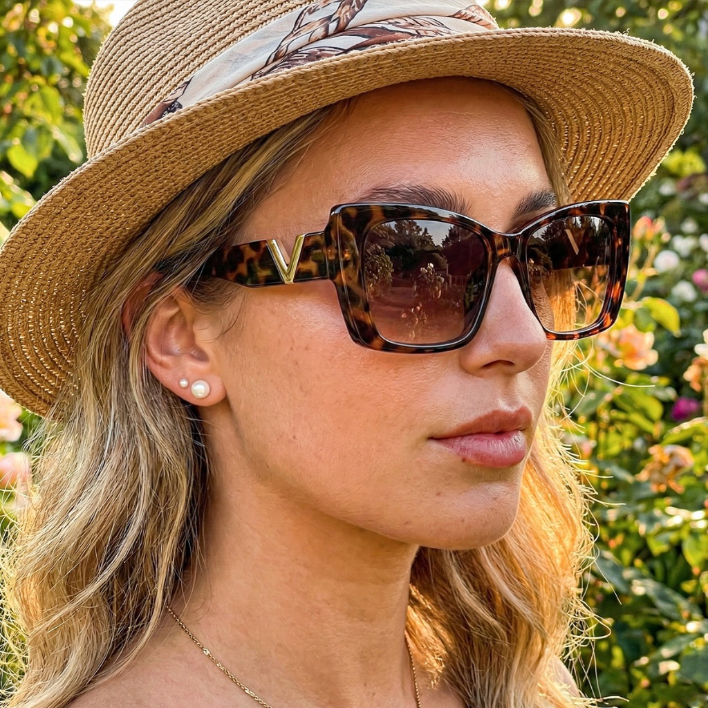 Óculos de Sol Feminino Gatinho Oversized Luxo Proteção UV400 Armação Resina Haste Dourada Estilo Moderno