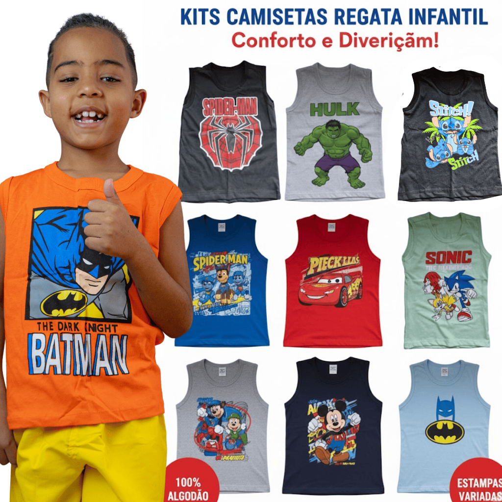 Regata Infantil Menino - Camisa Verão Blusa calor Criança personagem Kits com 1,2,3,4 e 5