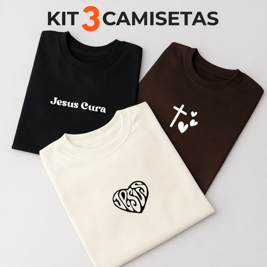 Kit 3 Camisetas Básicas Cristãs Minimalista Unissex - Algodão Respirável