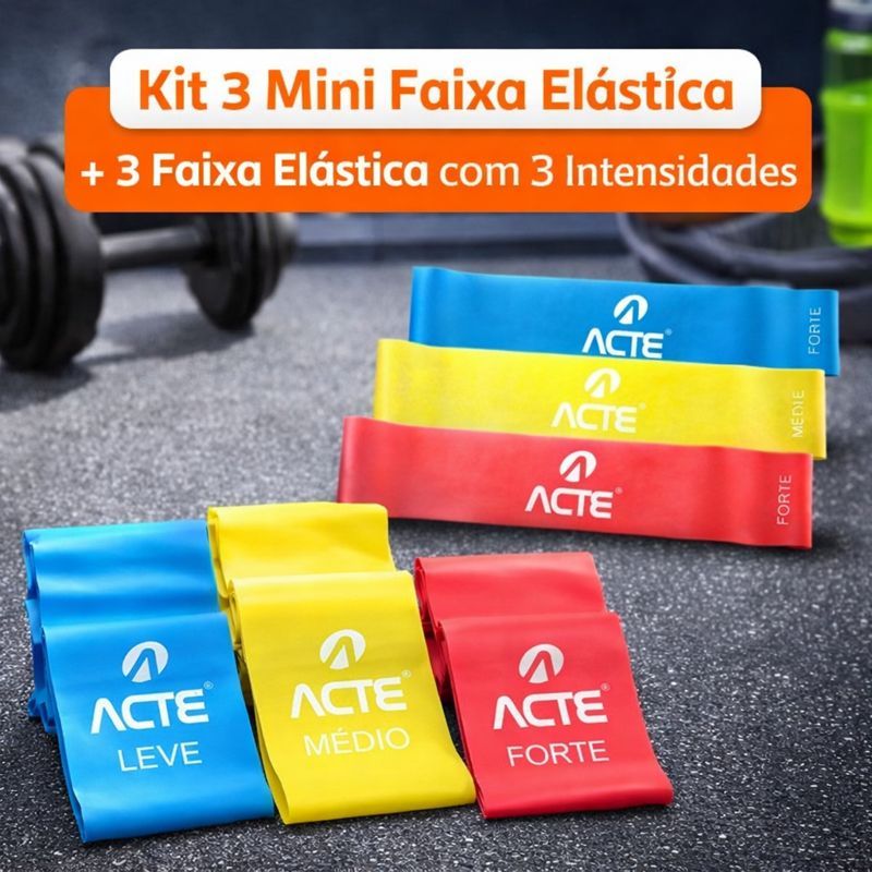 Kit 3 Mini Faixa Elástica + 3 Faixa Elástica Com 3 Intensidades Yoga Pilates Academia Fisoterapia