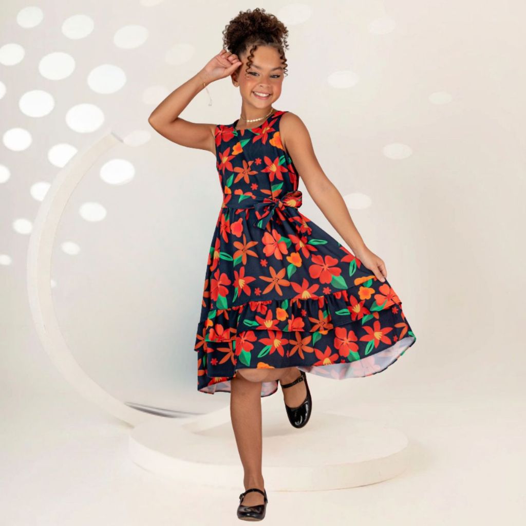 Vestido Vermelho Infantil Menina Blogueirinha Festa Diva Flores Evangelico Elegante Formatura