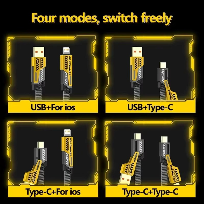 Cabo Turbo 4 em 1 PD 65W Ultra Rápido – USB e Type-C para iPhone e Android | Carregamento Super Fast, Ideal para Jogos